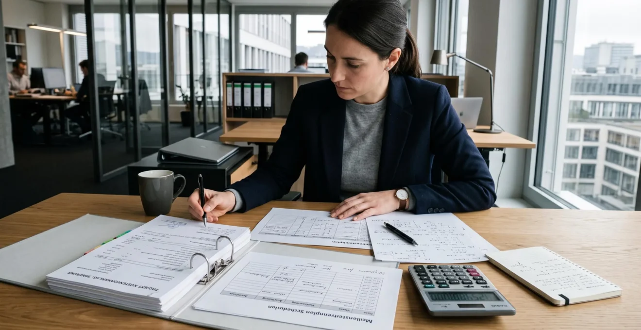 Bureau professionnel avec documents de planification de chantier : devis détaillés, planning d'intervention, calculatrice et notes de calcul de rentabilité