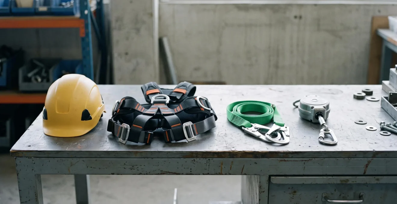 Équipements de protection individuelle pour travaux en hauteur disposés sur plan de travail : casque de sécurité, harnais, longes et dispositifs anti-chute